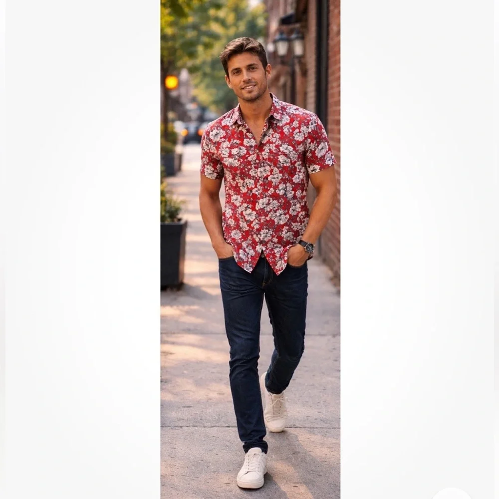 Red Floral J Crew Secret Wash Shirt Slim Medium